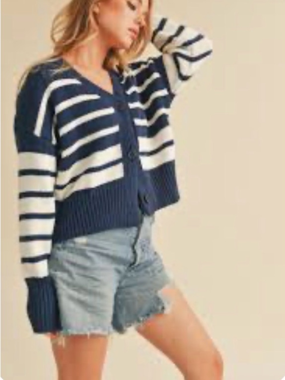 Zara Navy and White Striped V-Neck Button Cardigan